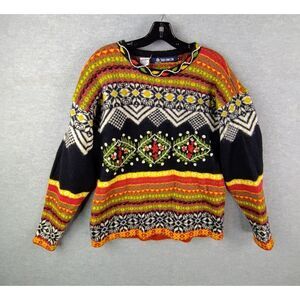 French Connection Womens Sweater M Multi Nordic Floral Embroidered‎ Wool Heavy